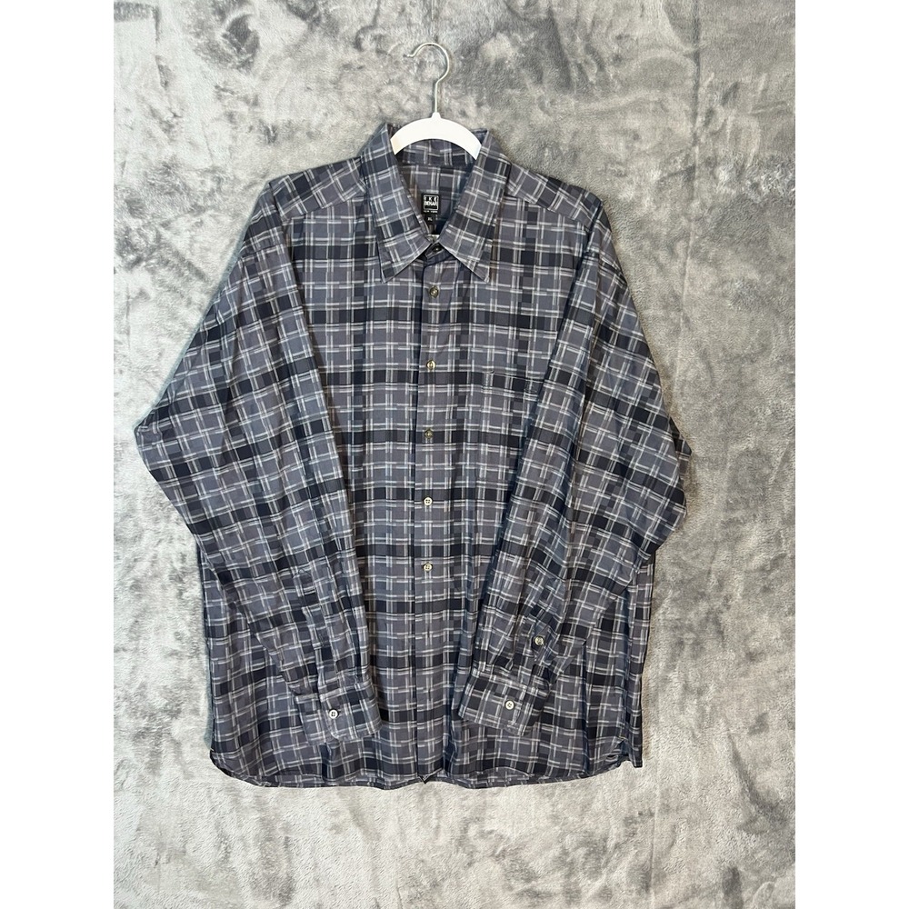 Ike Behar New York Mens XL Grey Black Plaid Long Sleev Button Down Shirt Pockets